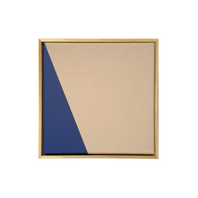 acrylic on canvas, geometric shapes in blue on cream background, 30x30cm, composition of three pieces framed on wood.