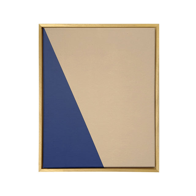 acrylic on canvas, geometric shapes in blue on cream background, 30x40cm, composition of three pieces framed on wood.