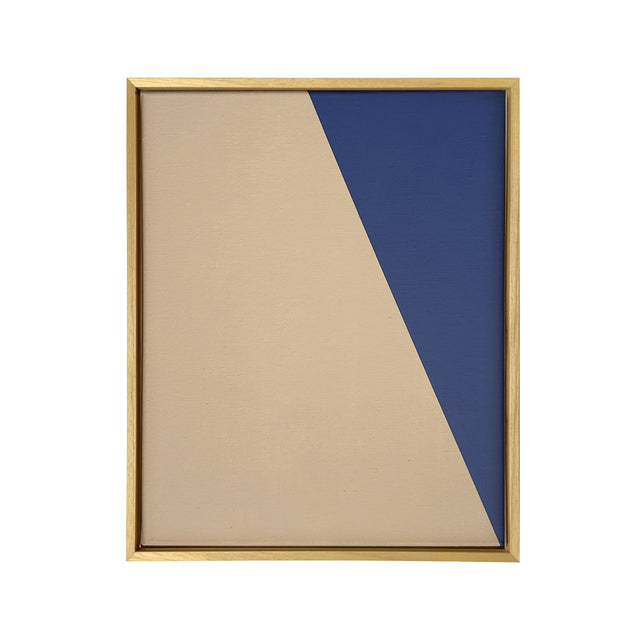 acrylic on canvas, geometric shapes in blue on cream background, 30x40cm, composition of three pieces framed on wood.