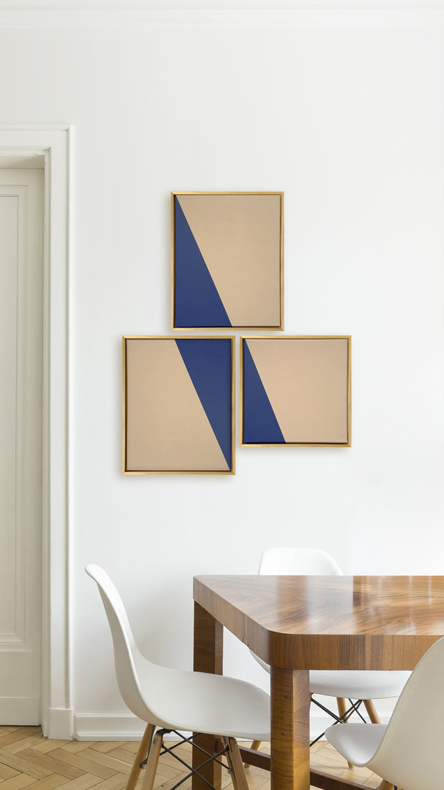 acrylic on canvas, geometric shapes in blue on cream background, 30x40 and 30x30cm, composition of three pieces framed on wood.