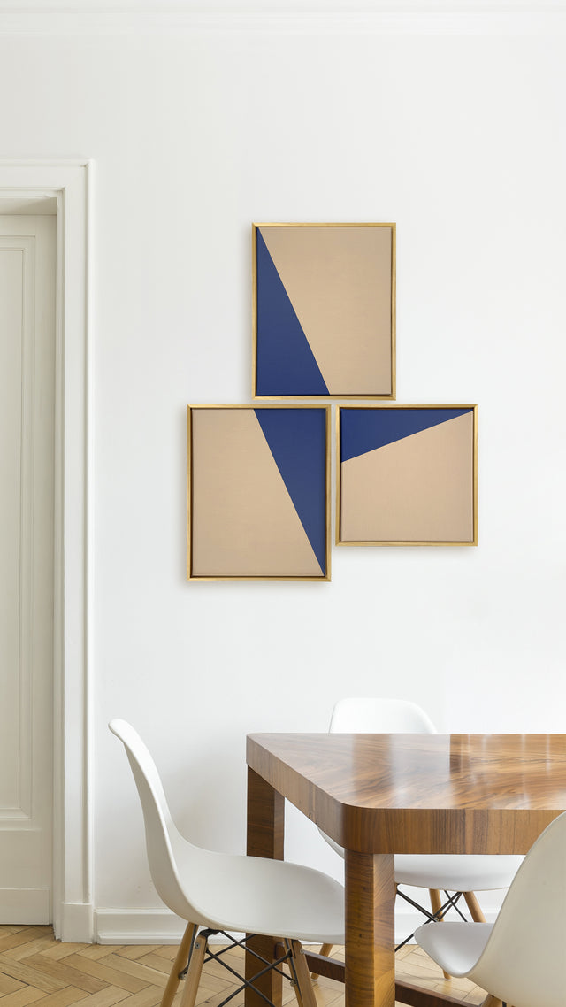 acrylic on canvas, geometric shapes in blue on cream background, 30x40 and 30x30cm, composition of three pieces framed on wood.