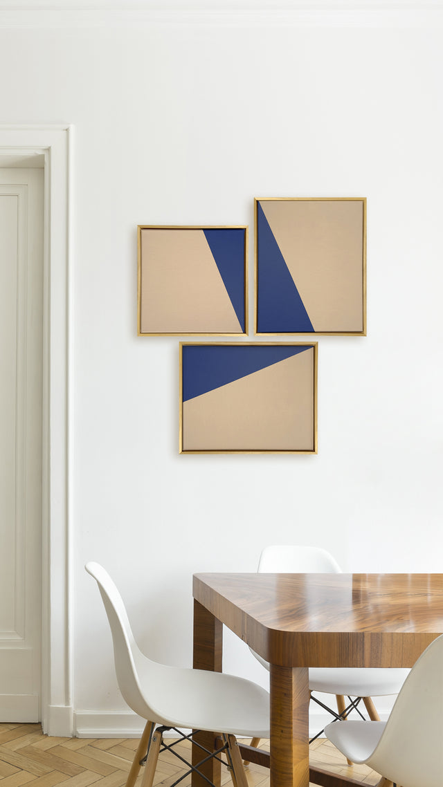 acrylic on canvas, geometric shapes in blue on cream background, 30x40 and 30x30cm, composition of three pieces framed on wood.