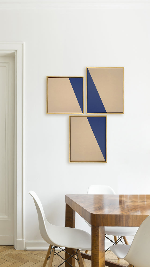 acrylic on canvas, geometric shapes in blue on cream background, 30x40 and 30x30cm, composition of three pieces framed on wood.