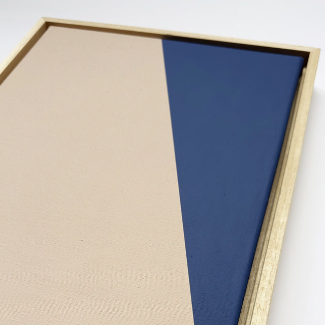 acrylic on canvas, geometric shapes in blue on cream background, 30x40 and 30x30cm, composition of three pieces framed on wood.