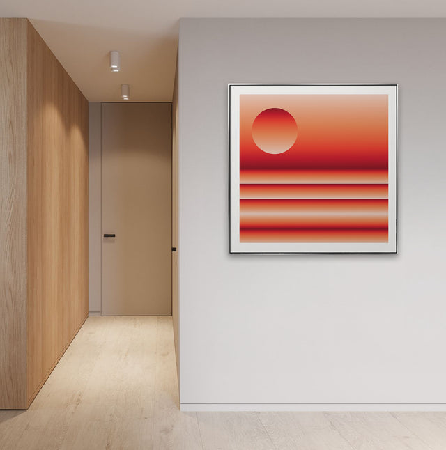 Retrocosmos Sunset 2 framed on a white wall in an oak-panelled hallway – red and orange art print by Marcio Pontes