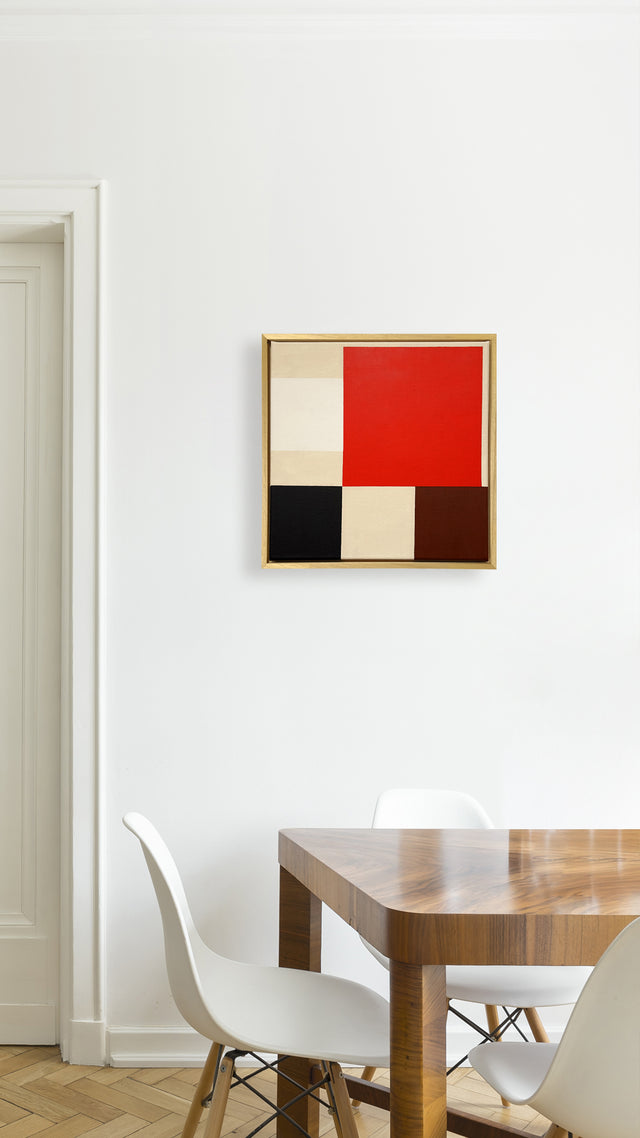 acrylic on canvas, red, black and off-white colors on cream background, 40x40cm, framed on wood.