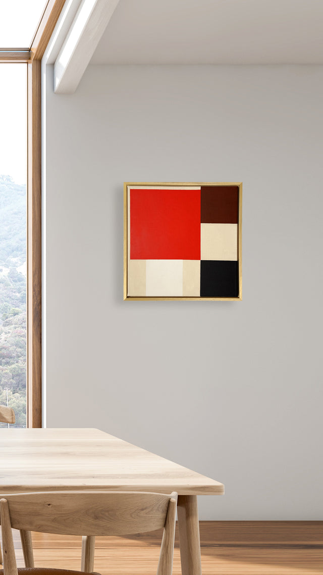 acrylic on canvas, red, black and off-white colors on cream background, 40x40cm, framed on wood.