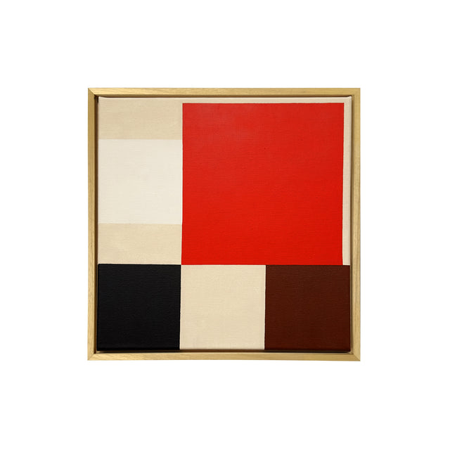 acrylic on canvas, red, black and off-white colors on cream background, 40x40cm, framed on wood.
