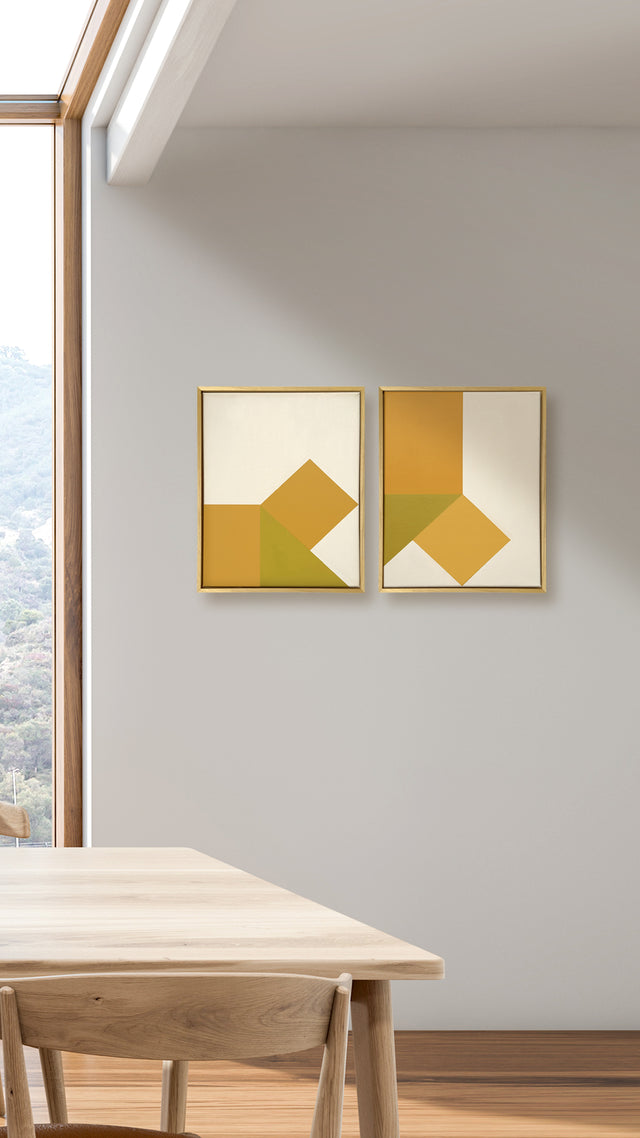 acrylic on canvas, mustard yellow and pistachio colors, 30x40cm, duo composition on wood frame.