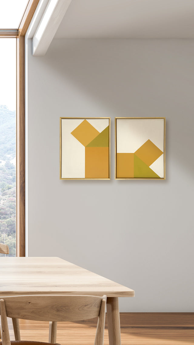 acrylic on canvas, mustard yellow and pistachio colors, 30x40cm, duo composition on wood frame.