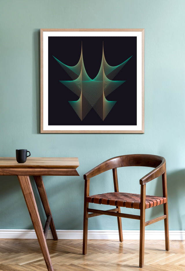 Underline Neon I – line art print by Marcio Pontes, displayed on a wall
