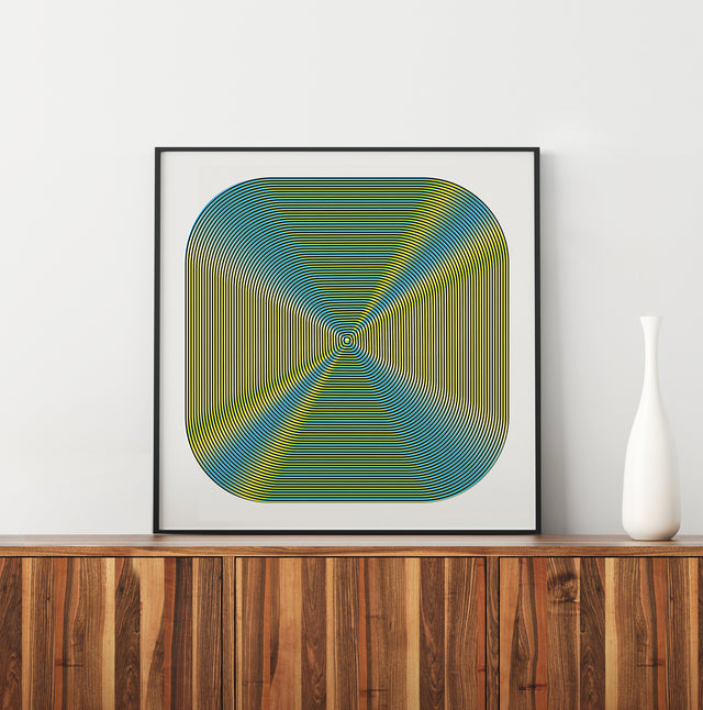 Underline Optical Y&Blue framed and leaning on a walnut sideboard – yellow and cyan line art print by Marcio Pontes