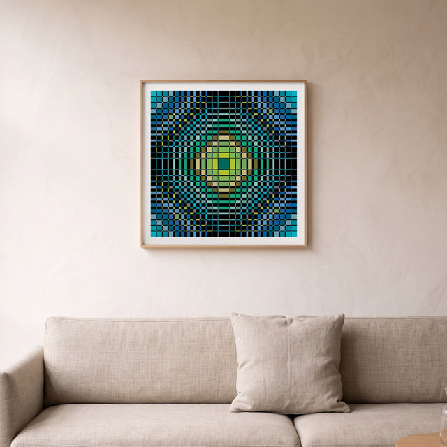 Big Bang Blue framed above a linen sofa – art print by Marcio Pontes