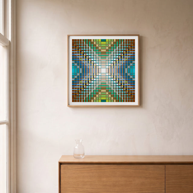 Big Bang Green framed above an oak sideboard by a canal-view window – art print by Marcio Pontes
