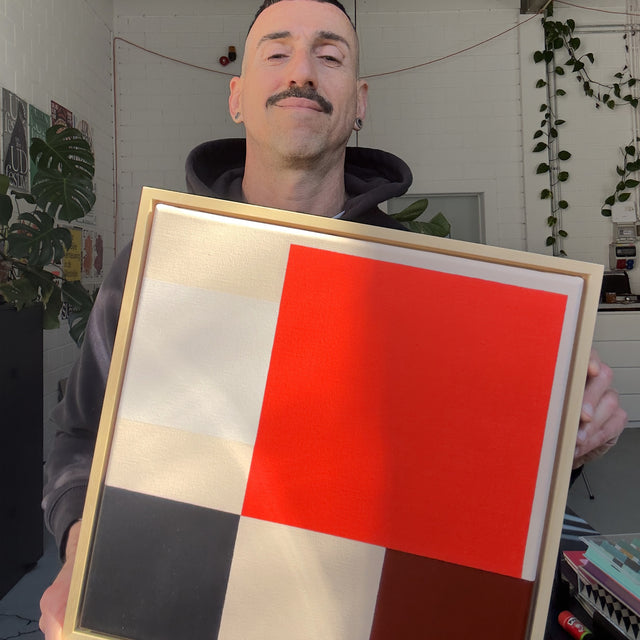 acrylic on canvas, red, black and off-white colors on cream background, 40x40cm, framed on wood.