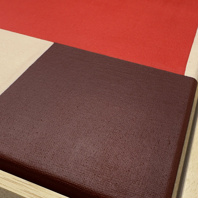 acrylic on canvas, red, black, brown and off-white colors on cream background, 40x40cm, framed on wood.