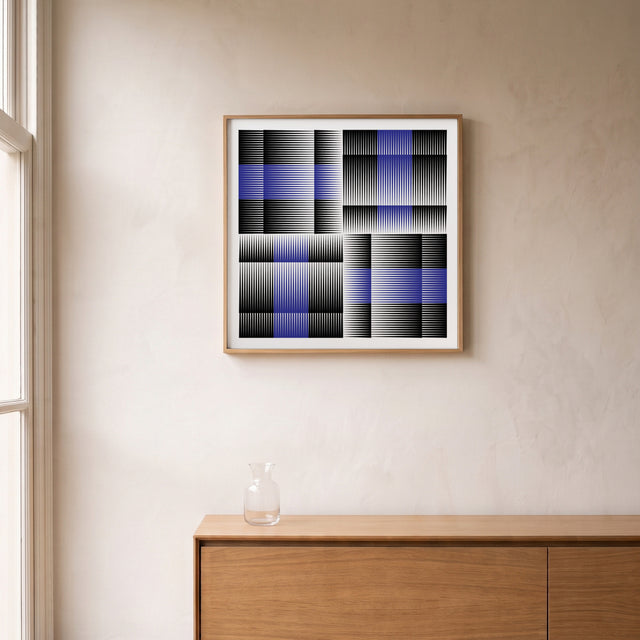 Chess framed above an oak sideboard by a canal-view window – art print by Marcio Pontes