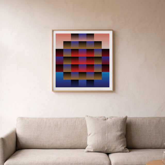 Chess Red framed above a linen sofa – art print by Marcio Pontes