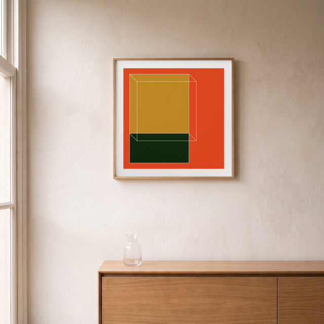 Cube Orange framed above an oak sideboard by a canal-view window – art print by Marcio Pontes