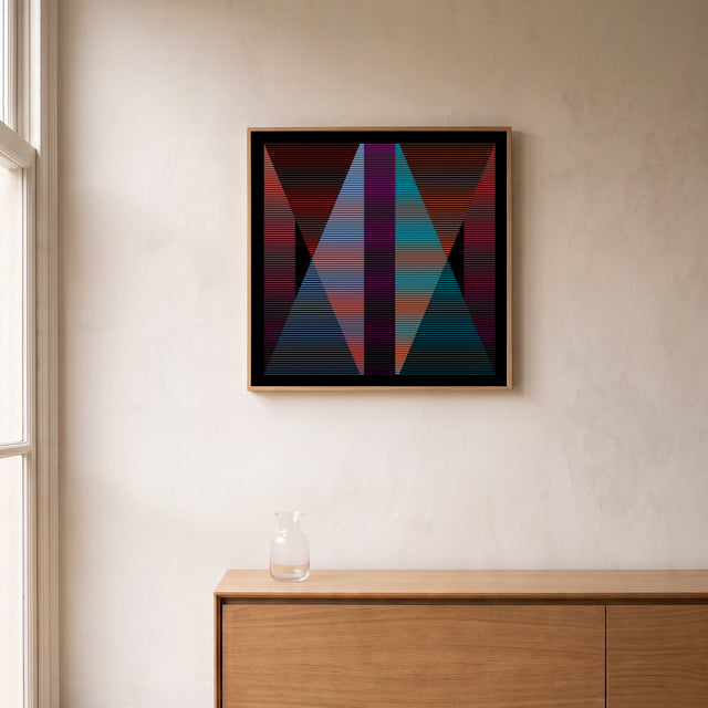 Fineline Colors II framed above an oak sideboard by a canal-view window – art print by Marcio Pontes