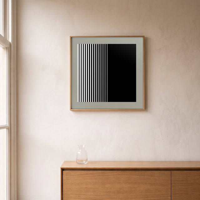 Geo Duo Lines I framed above an oak sideboard by a canal-view window – art print by Marcio Pontes