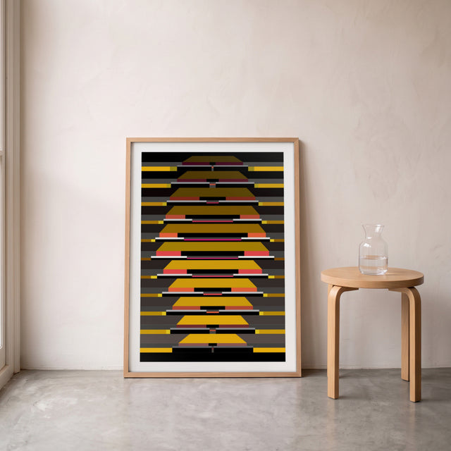 Stripes 2 framed leaning against the wall on a concrete floor – art print by Marcio Pontes
