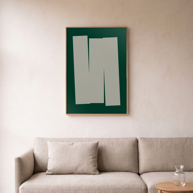 Geometry 5 framed above a linen sofa – art print by Marcio Pontes
