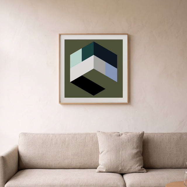 Hexa Green framed above a linen sofa – art print by Marcio Pontes