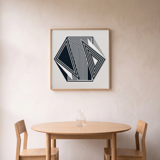Hexa 5 framed above a round oak dining table – art print by Marcio Pontes