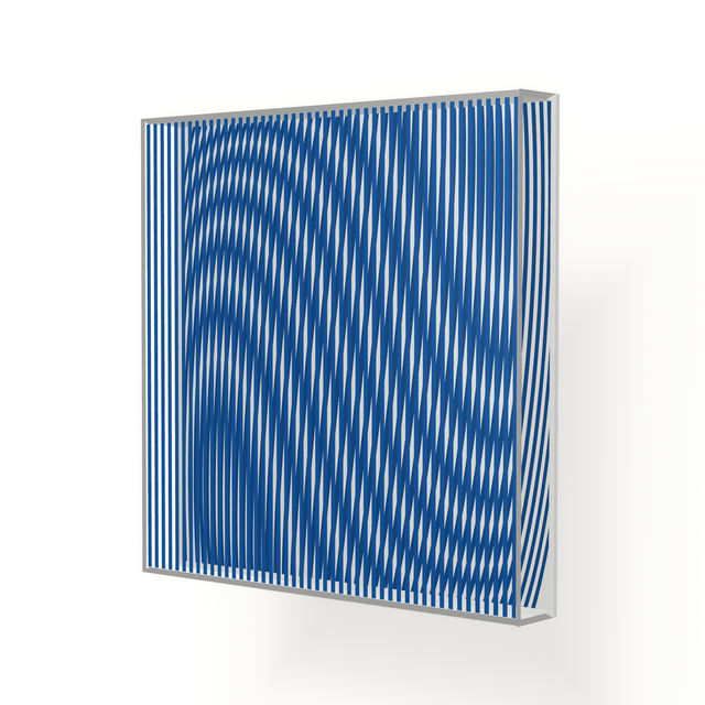 Side view of Op Blue Waves, a blue geometric optical acrylic artwork by Marcio Pontes