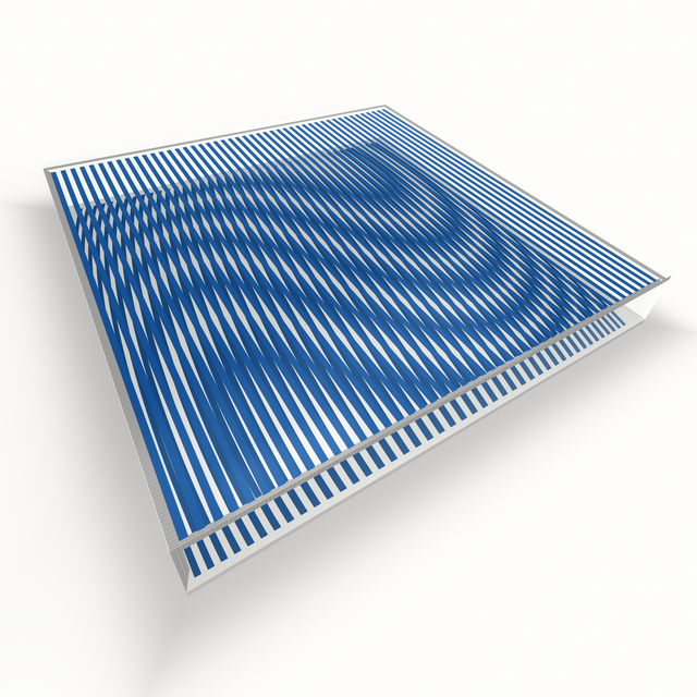 Op Blue Waves lying flat, seen from above – blue geometric optical acrylic artwork by Marcio Pontes