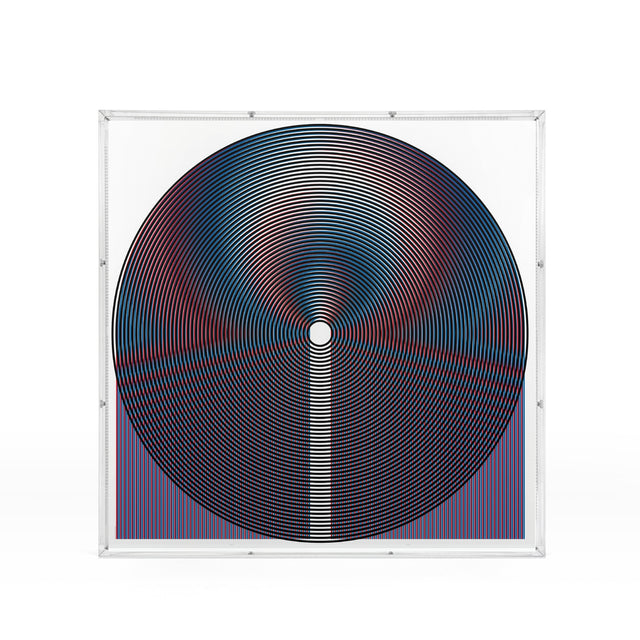 Op Circle – black, blue and red geometric optical acrylic artwork by Marcio Pontes
