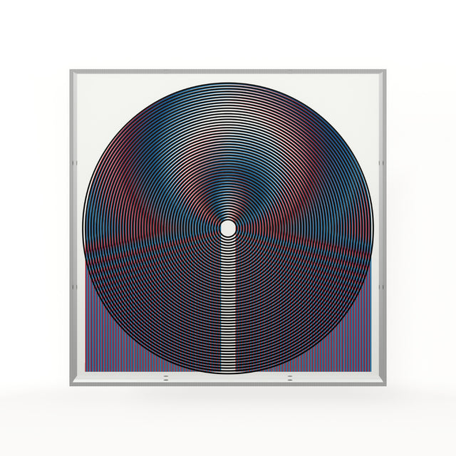 Op Circle – black, blue and red geometric optical acrylic artwork by Marcio Pontes