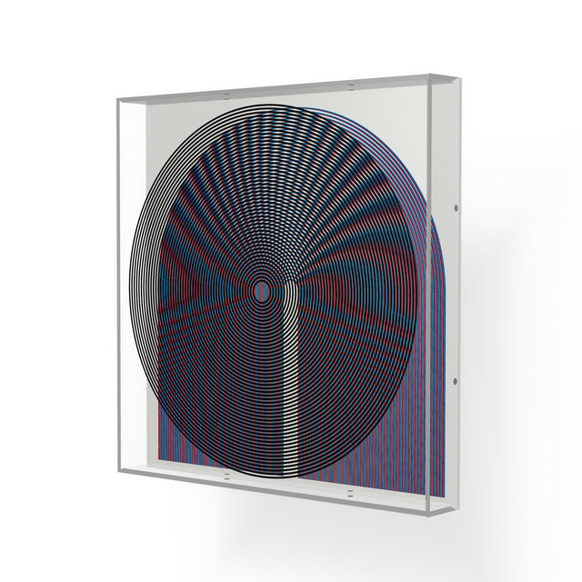 Side view of Op Circle, a black, blue and red geometric optical acrylic artwork by Marcio Pontes