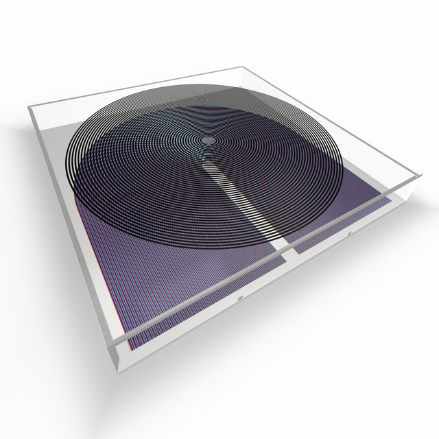 Op Circle lying flat, seen from above – black, blue and red geometric optical acrylic artwork by Marcio Pontes