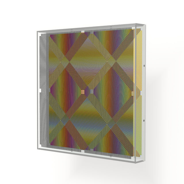 Side view of Op Cross Color Line, a rainbow geometric optical acrylic artwork by Marcio Pontes