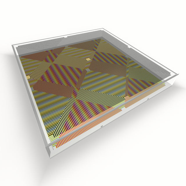 Op Cross Color Line lying flat, seen from above – rainbow geometric optical acrylic artwork by Marcio Pontes