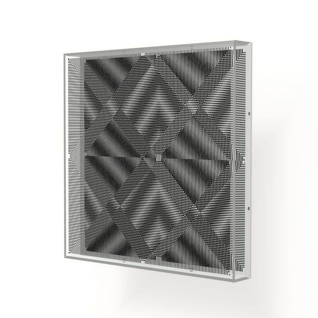 Side view of Op Cross Line, a black and white geometric optical acrylic artwork by Marcio Pontes