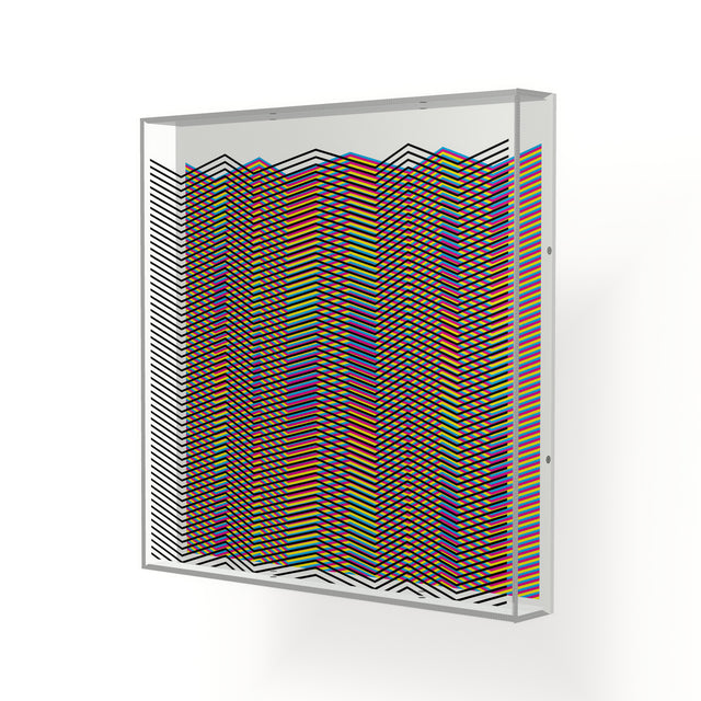 Side view of Op Mountain Lines, a rainbow geometric optical acrylic artwork by Marcio Pontes