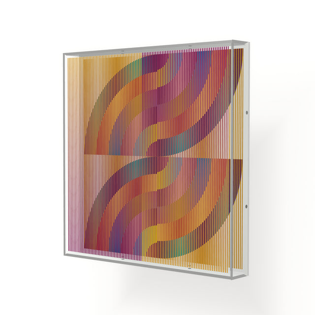 Side view of Op Rainbow, a rainbow geometric optical acrylic artwork by Marcio Pontes