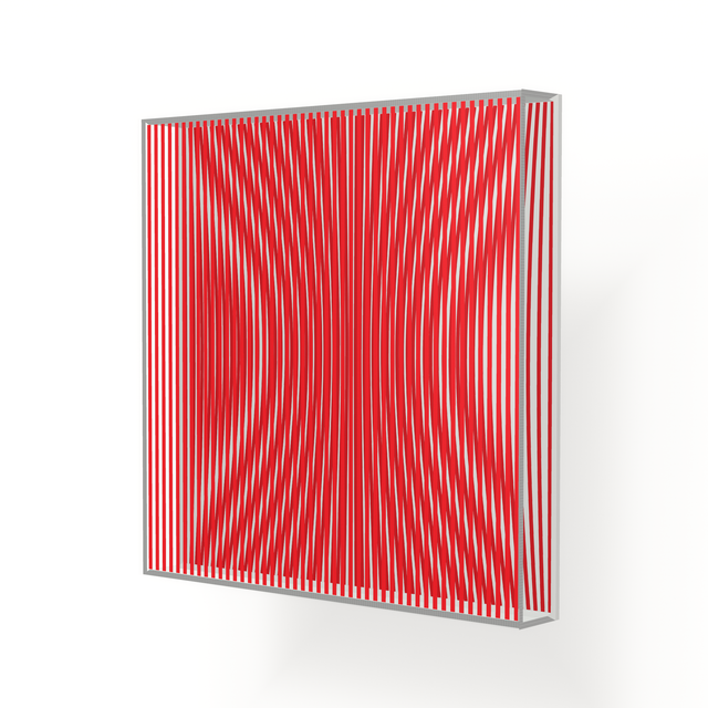 Side view of Op Red Channel, a red geometric optical acrylic artwork by Marcio Pontes