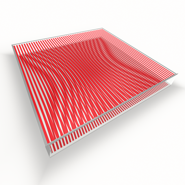 Op Red Channel lying flat, seen from above – red geometric optical acrylic artwork by Marcio Pontes
