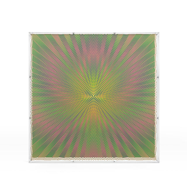 Op Sunny Lines – yellow, green and pink geometric optical acrylic artwork by Marcio Pontes