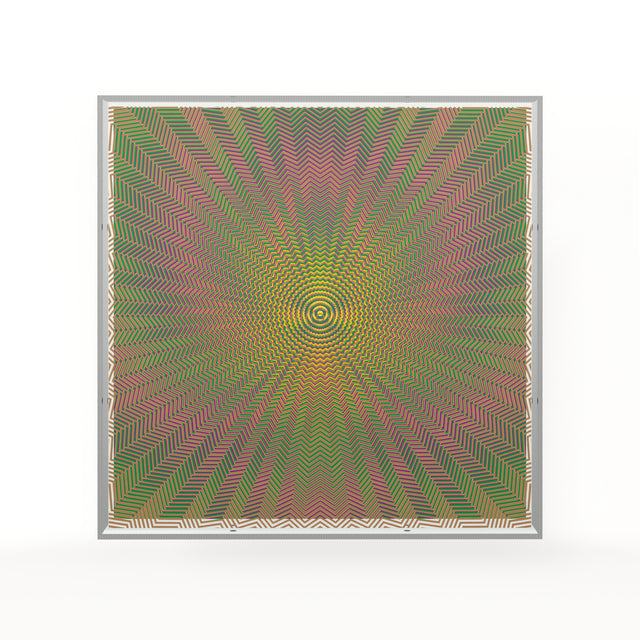 Op Sunny Lines – yellow, green and pink geometric optical acrylic artwork by Marcio Pontes