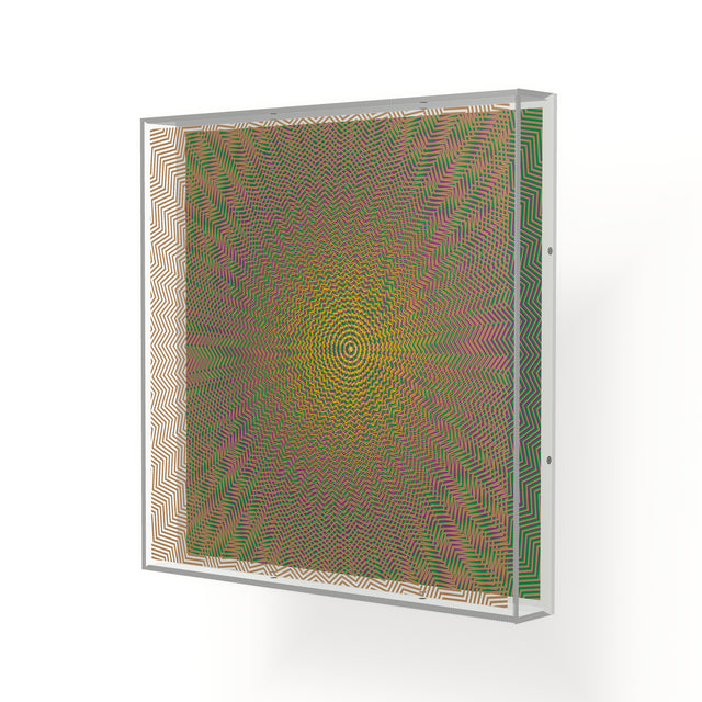 Side view of Op Sunny Lines, a yellow, green and pink geometric optical acrylic artwork by Marcio Pontes