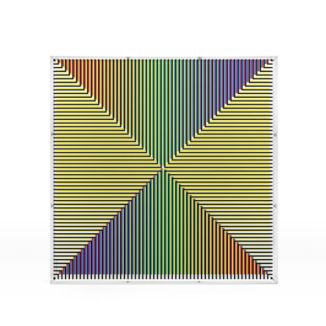Op X Color Line – yellow and rainbow geometric optical acrylic artwork by Marcio Pontes