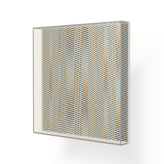 Side view of Op Zig Zag Lights, a silver and blue geometric optical acrylic artwork by Marcio Pontes