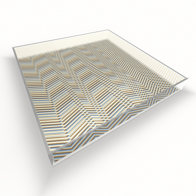 Op Zig Zag Lights lying flat, seen from above – silver and blue geometric optical acrylic artwork by Marcio Pontes