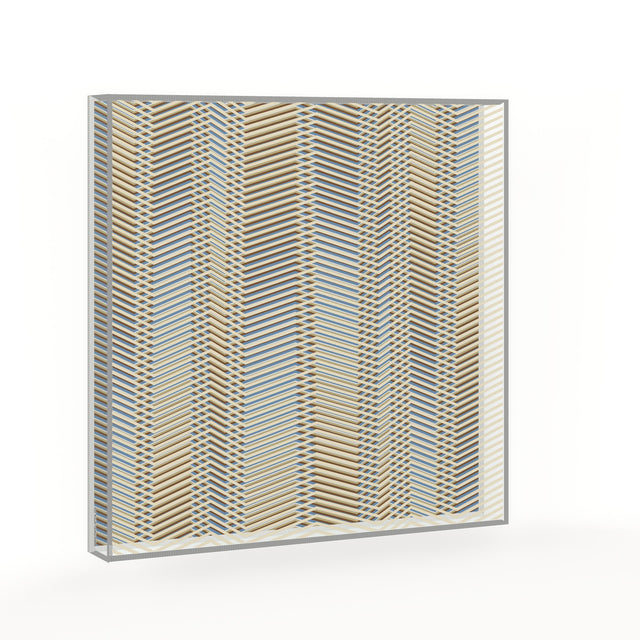 Op Zig Zag Lights – video of the silver and blue optical acrylic artwork by Marcio Pontes, the pattern shifting as the view moves
