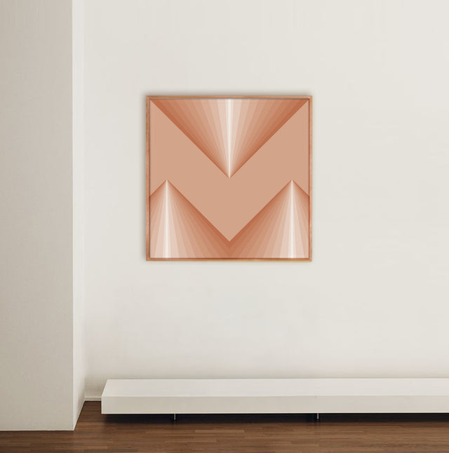 Retroart Triangulares 2 framed on a cream wall above a low bench – terracotta geometric art print by Marcio Pontes